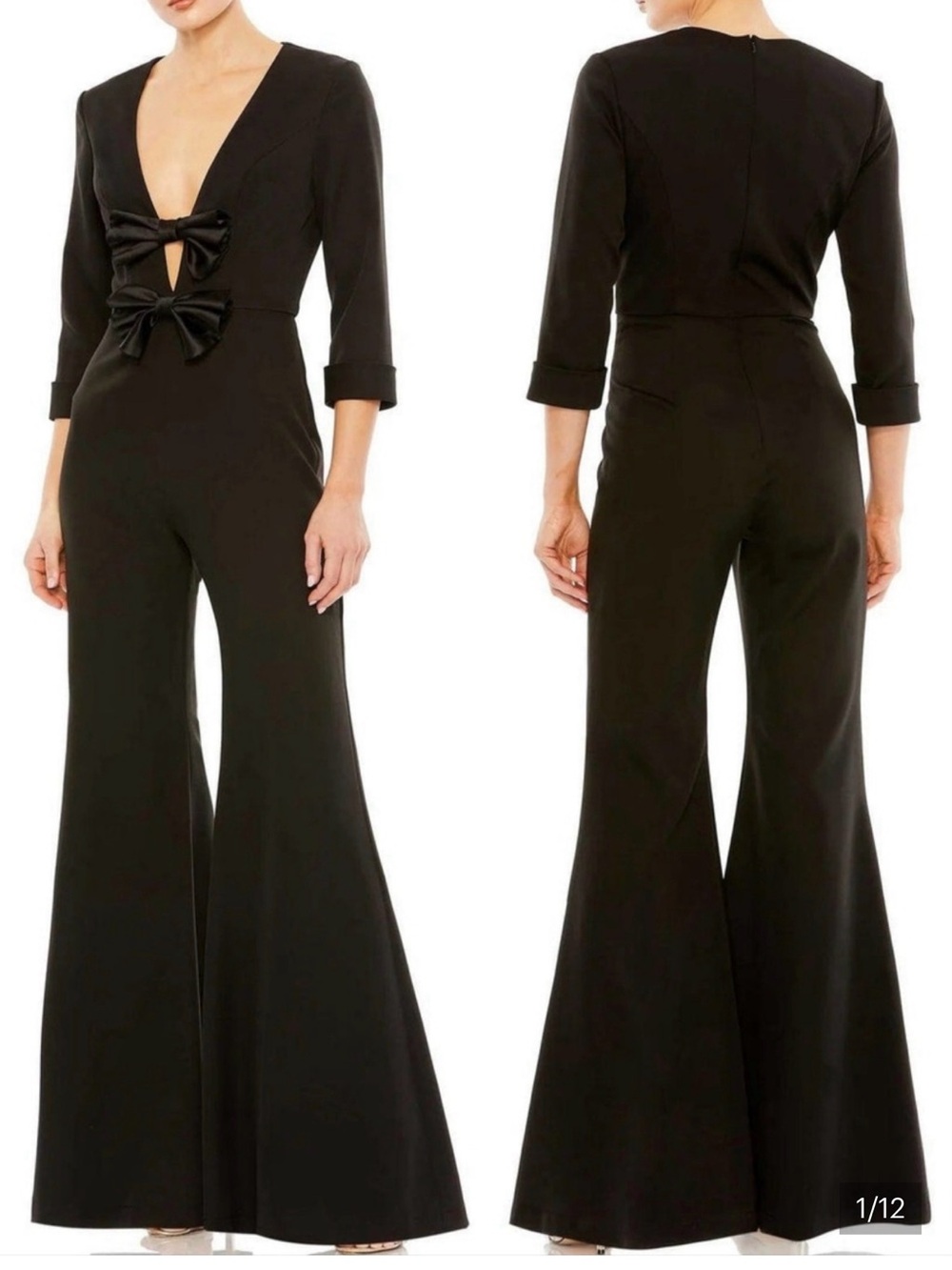 Mac Duggal Black Plunge Jumpsuit with Bow Accents